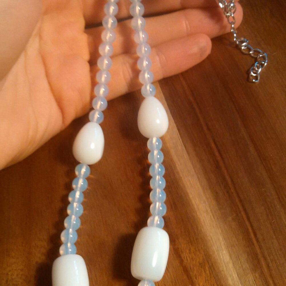 Opalite Barrel Shape and Beaded Silvertone Necklace